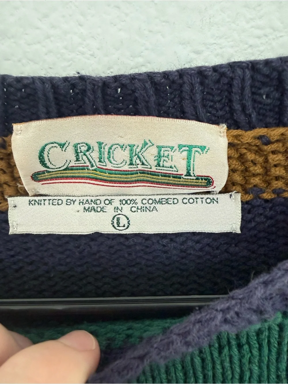 Vintage Cricket Colorblock Sweater 90s Hand Knit Cotton Grid Multicolor Sz L